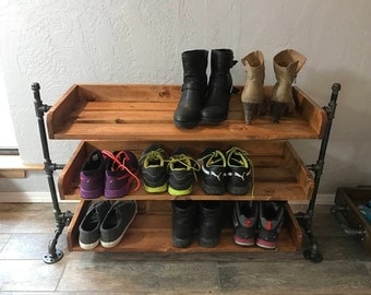 Industrial Pipe Shoe Rack, Shoe Organizer, Entryway Shoe Rack, Rustic Wood Shoe Rack Shoe Shelf
