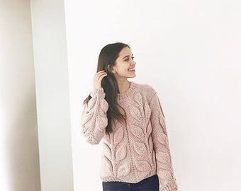 Hand knit sweater spring sweater bohemian sweater women cable knit sweater peach pink sweater chunky knit pullover bulky hand knit sweater