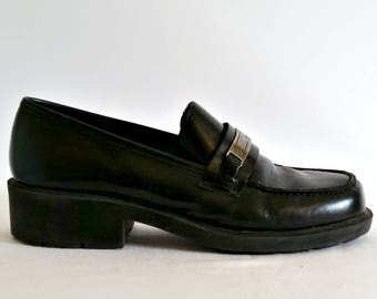 Vintage 90s Grunge Black Leather Chunk Heel Loafers Esprit - Size 5, 1990s Soft Softgrunge, Heeled Silver, Valley Girl Clueless, Loafer
