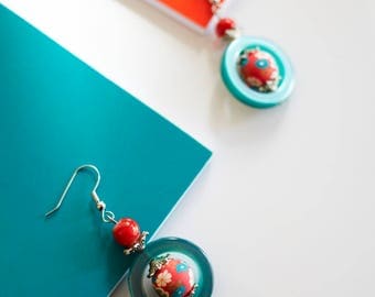 Statement chandelier earrings in turquoise and Red