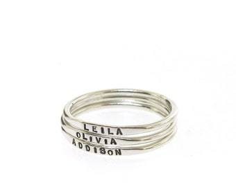 Stacking Ring, custom made silver ring personalized w/ your word choice in sterling silver, stackable rings by Kathryn Riechert (Tiny Text)