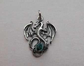 Silver Dragon Pendant, Green Dragon Egg -- Antique Silver Fantasy Dragon, Faceted Green Bead, Wings