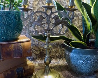 Vintage Standing Brass Triple Candleholder Lion Motif