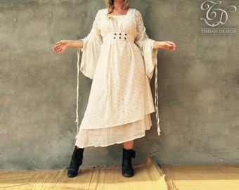 LONG slanted EMPRESS DRESS - Bohemian Lace Hippie Boho Wedding Bride Romantic Casual Shabby chic Plus size Gypsy Ethnic - Off white Cream
