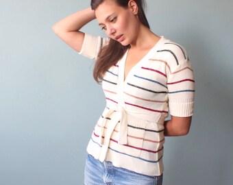 1970s wrap sweater | short sleeve belted sweater top | small