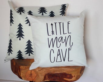 Little Man Cave Hand drawn Nursery Pillow Mountain Arrow Adventure Explore Forest Theme 16 x16 Trees Handwritten