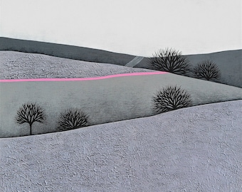 Intermission 7 - Original Contemporary Art - 16x16" Winter Landscape Painting - Neon Pink - by Natasha Newton