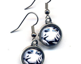 Fornasetti Earrings, Stainless Steel Earrings, Girl with a Tea Cup Earrings, Surgical steel Black White Art image Earrings, Fun Earrings