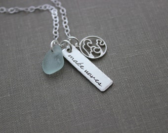 make waves necklace - Personalized Choice of Color - Sterling Silver wave charm - Genuine SeaGlass Hand Stamped rectangle bar Beach jewelry