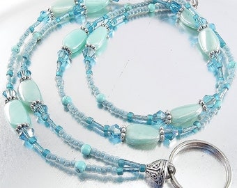 Shades of Turquoise and Blue Crystal Glass Beaded ID Lanyard, Badge Holder, Eyeglass Leash