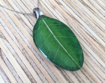 Green Leaves , Spoon Necklace , Resin Pendant