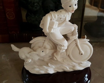 Vintage Giuseppe Armani Capodimonte Figurine Boy Bicycle w/ Dog Late At School