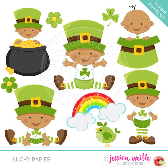 Lucky Babies V2 Dark Skin Cute Digital Clipart for Invitations, Card Design, Scrapbooking, and Web Design, St Patricks Day Il_570xn