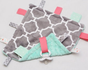 MINI Baby Ribbon Tag Blanket - Minky Binky Blankie - Gray Quatrefoil with Mint and Coral