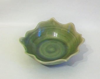 Candle Holder - Trinket Dish - Wedding Favor - Lovely Deep Green with a Carved and Altered Rim
