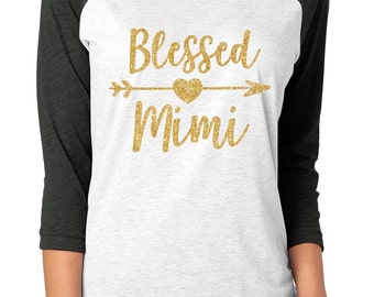 Blessed Mimi gold glitter black/heather white 3/4 sleeve unisex raglan tee