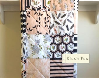 Fox Baby Quilt, Girl Crib Bedding, Modern, Baby Blanket Girl, Woodland, Minky Quilt, Fox Crib Bedding, Gray Pink Black Bedding, Blush Fox