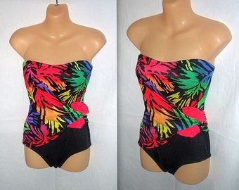 Rio .... Vintage 80s strapless swimsuit / 1980s 1 one pc piece maillot / ruched neon bathing suit / tropical jungle ... XS S
