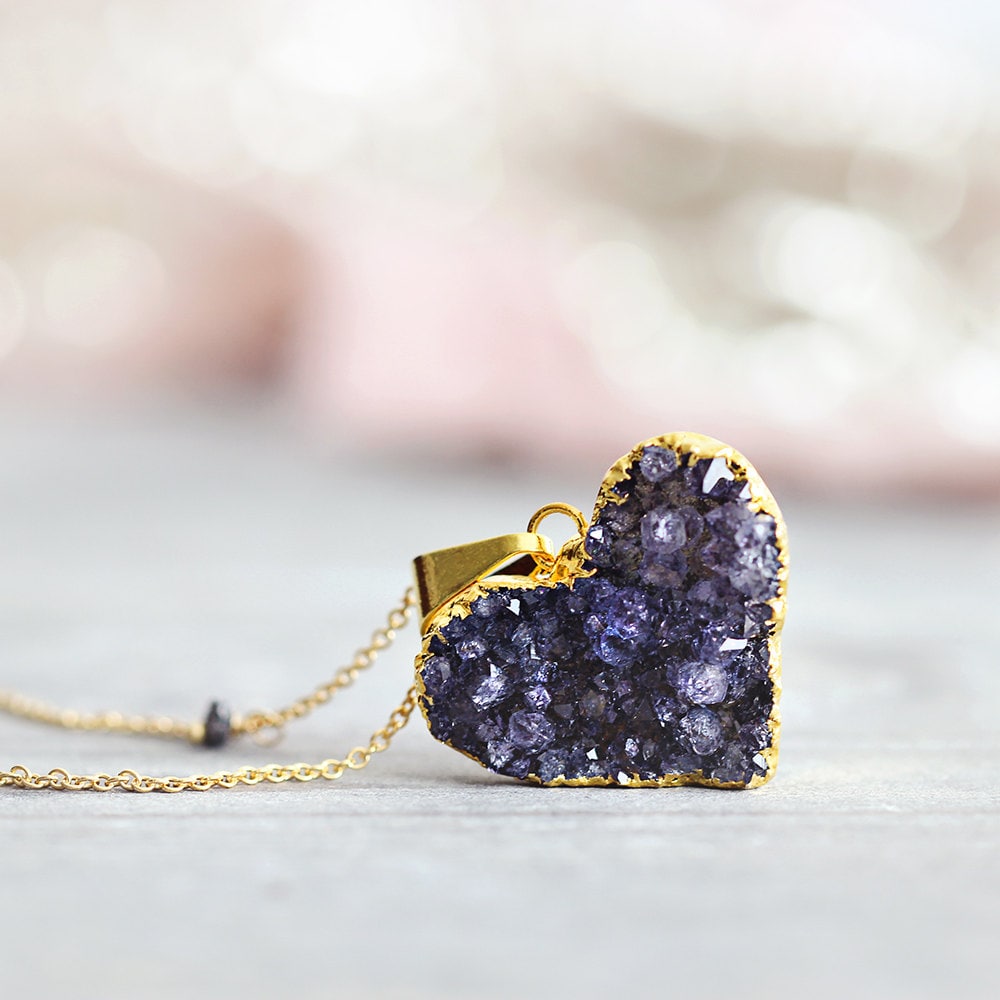 Black Heart Necklace - Druzy Heart Pendant - Valentines Day Gift - April Birthstone - Druzy Jewellery - Gift For Girlfriend
