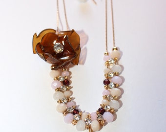 Brown statement necklace, rhinestones and pearls, pendant necklace, upcycled plastic bottles, hand crafted flower, shimmering, glass, gold