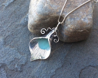 Sea glass jewelry, Aqua Blue sea glass calla lily necklace