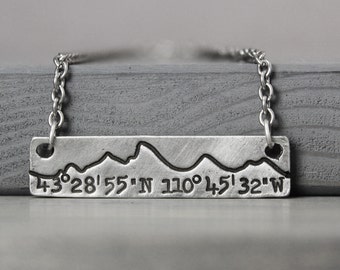 Tetons Coordinate Necklace, Mountain Necklace, Jackson Hole Necklace, Mountain Range, Mountain Jewelry, Rustic Jewelry, Rustic Necklace,