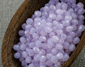 Milky Purple Fire Polished Czech Glass Bead 4mm (50) Round Polish Faceted Pastel Pale Lavender