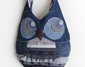 Owl Purse Shoulder Bag Upcycled Denim with Ruffles Handmade Unique Gift for Owl Lovers
