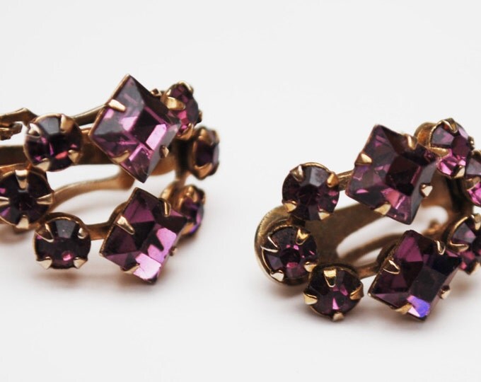 Purple Rhinestone earrings - gold tone- mid century - clip on earrings -Gift for her
