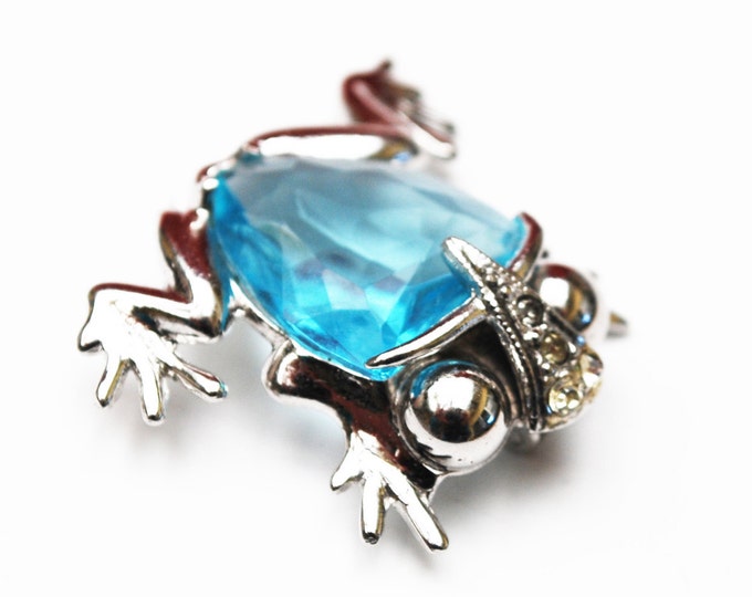 Sterling Blue Glass Frog Brooch - Silver - Crystal figurine pin