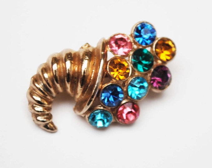 Cornucopia Brooch - Multi Color Rhinestone - Gold Tone Vintage Jewelry