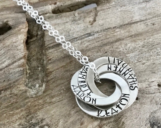 Personalized Handstamped - Intertwined Circles Necklace, Sterling Silver Jewelry - Family Name Necklace - Russian Ring Style Necklace