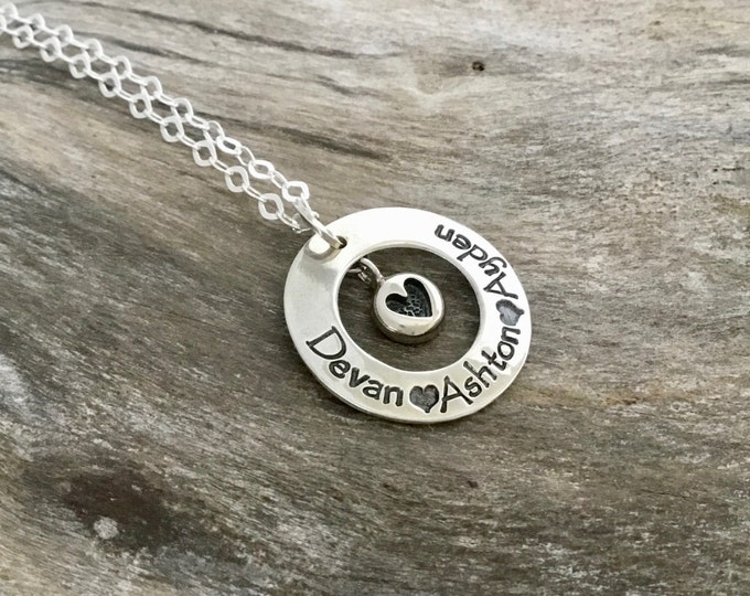 Mothers Christmas Gift/ Kids Names Necklace/ Sterling Silver Washer/ Family Name Necklace/ Mom Heart Necklace/ Mother from Daughter