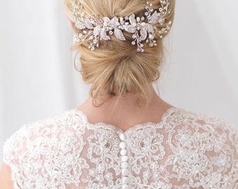 Floral Bridal Hair Comb, Pearl Bridal Hair Comb, Floral Bridal Backpiece, Bridal Back Comb, Hair Accessory, Bridal Headpiece, Bride ~TC-2306