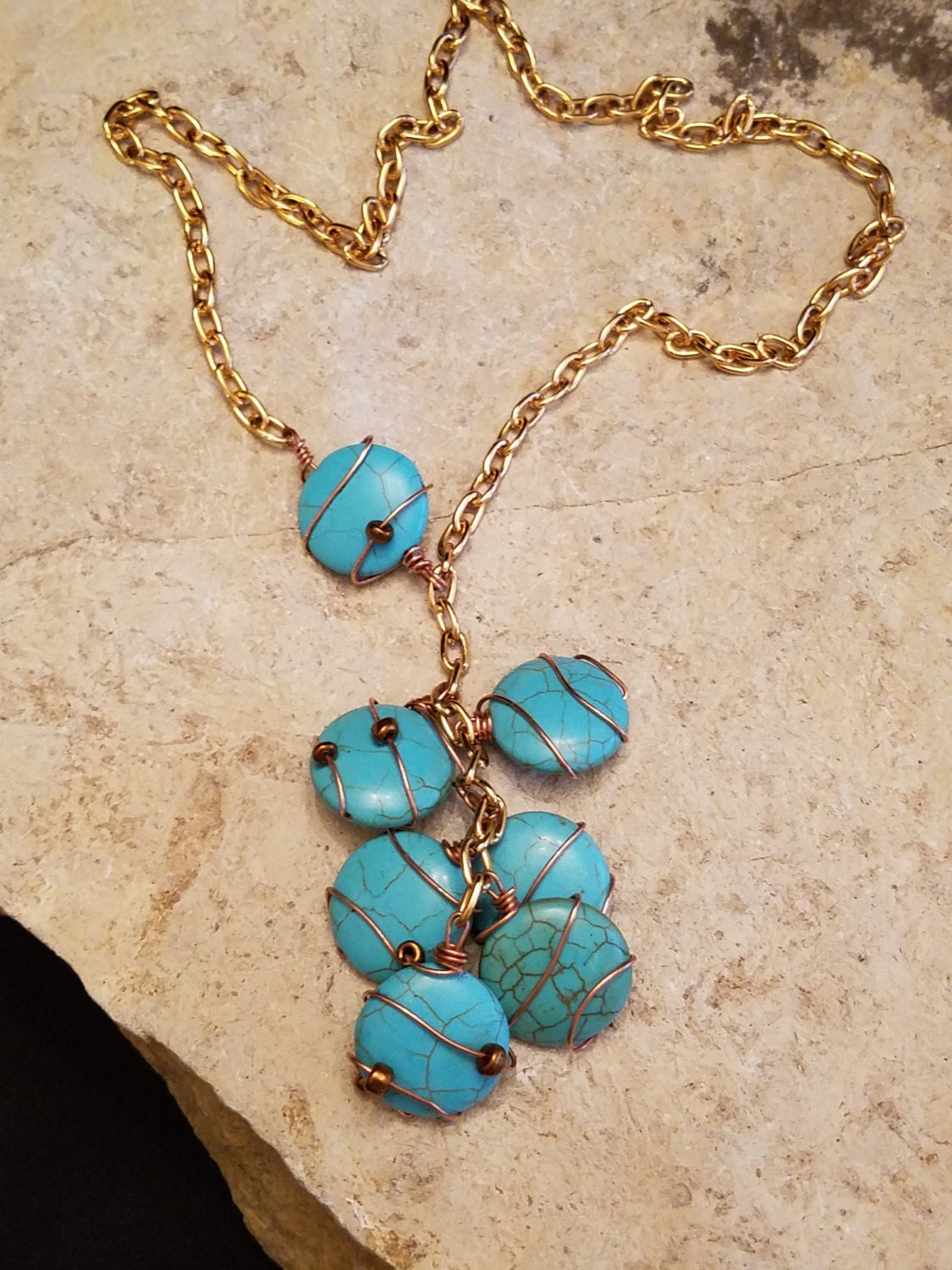 Copper Wire Wrapped Turquoise Rounds 3Way Necklace