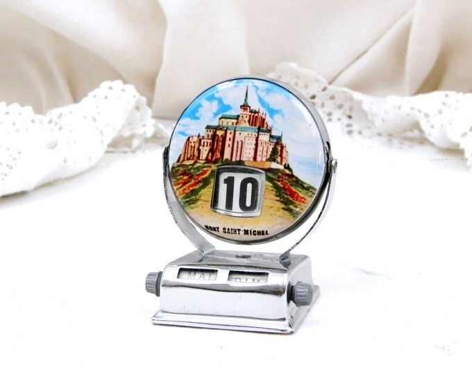 Vintage French Mid Century Round Perpetual Calendar with Le Mont Saint Michel / Saint Michael's Mount Normandy, Office Decor, Retro Decor