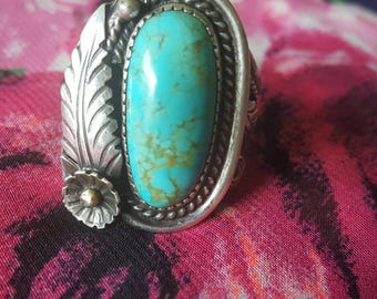 German Silver Turquoise Pink Oval Ring