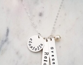Personalized Name Necklace, Three Names, Hand Stamped Jewelry, Mothers Necklace, Sterling Silver, Gift for Moms
