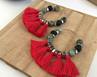 Red tassels hoop earrings, big red earrings, green natural stone earrings, boho chic big tassel earrings, tribal hoop earrings