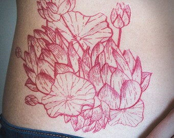 Red Line Lotus Lillypad Floral Flowers Nature Beautiful Serene Temporary Fashion Tattoo Original Hand Drawn