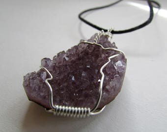 Amethyst Crystal Pendant - Amethyst Crystal Druse Wire Wrapped in Sterling Silver - Druzy Raw Crystal Necklace