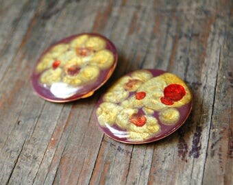 Large Round Enamel Earrings, Big Enamel Earrings, Purple and Gold Abstract Earrings, Round Retro Earrings, Round Metal Earrings