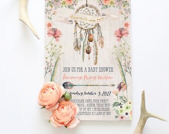 Dream Catcher Baby Shower Invitation - Rustic Boho Invites - Dreams Do Come True - Printed or Printable Invitations