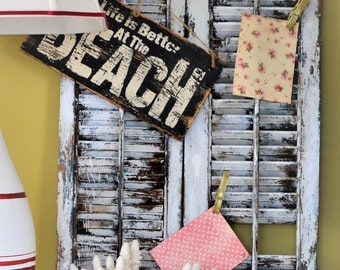 Heavy chippy painted furniture/Vintage wooden shutter with 2 wood clothespins/Farmhouse decor/Rustic beach house wall decor/Bulletin board