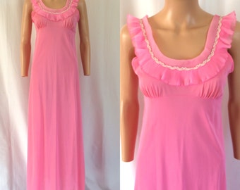 1970s Empire Waist Bubblegum Pink Nylon Nightgown Sz. S