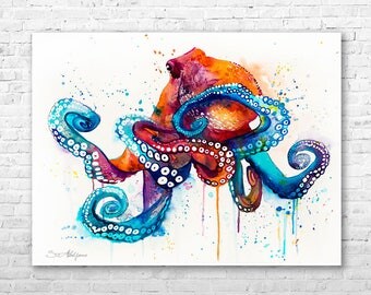 Octopus watercolor painting print by Slaveika Aladjova, art, animal, illustration, Sea art, sea life art, home decor, Wall art