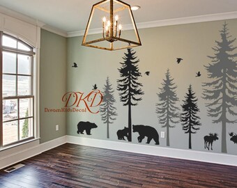Wall Decal Wall Sticker-Pine tree decal-set of 5 trees with animals, moose, bear, woodland theme Nursery