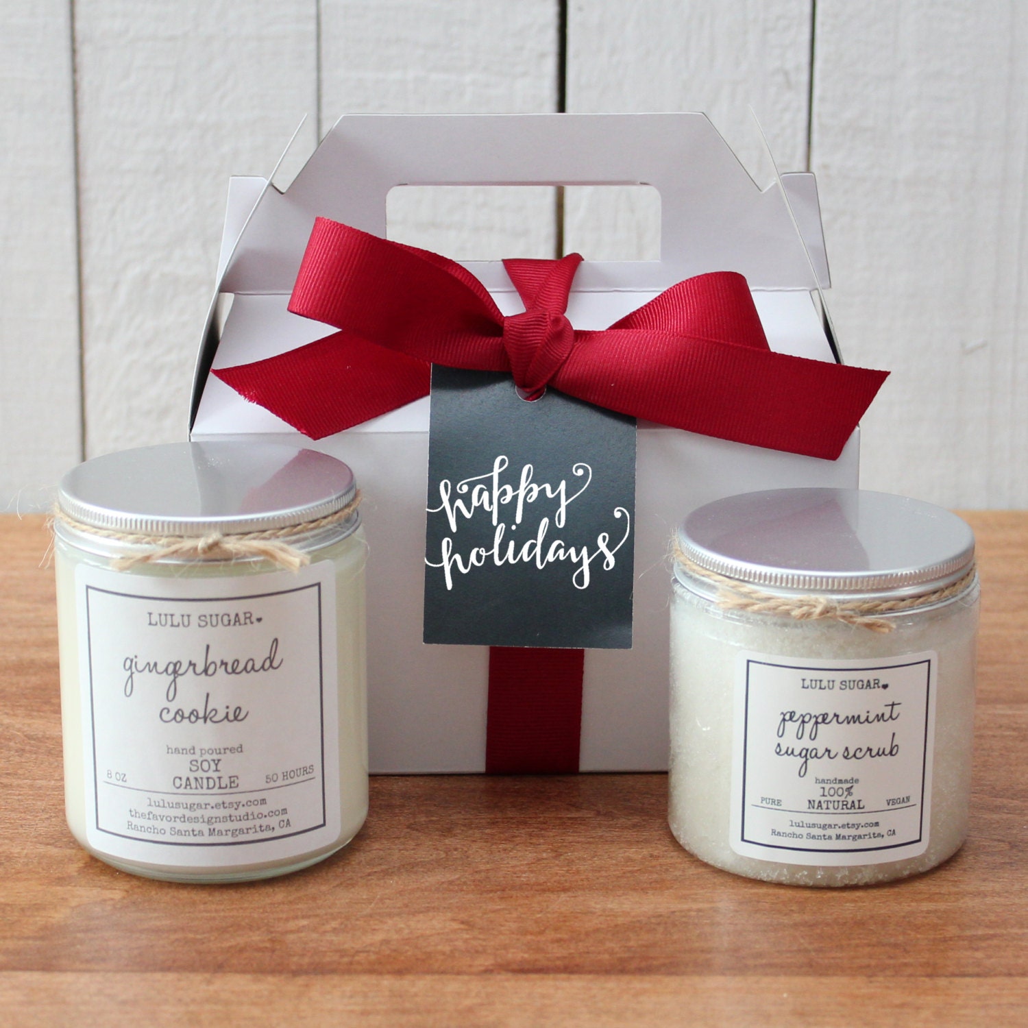 Candle and Sugar Scrub Gift Set Boxed with Happy Holidays