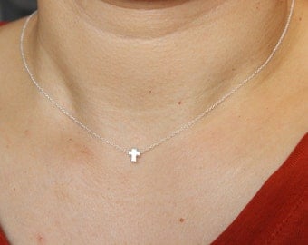 Tiny cross necklace, silver cross necklace, cross pendant, choker, dainty delicate necklace, baptism gift, confirmation, first communion