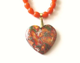 Jasper Heart Necklace, Jasper Heart Pendant, Orange Sea Sediment Jasper Heart Necklace and Glass Bead Necklace